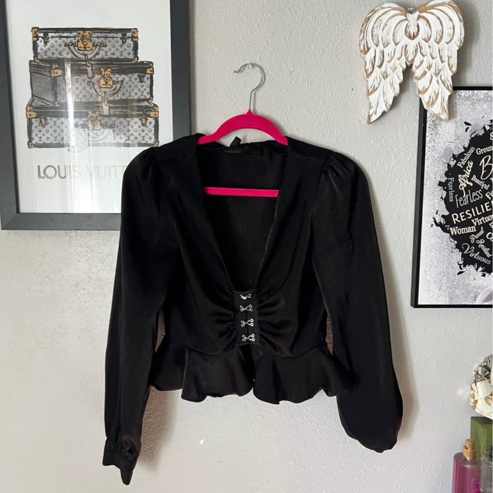 Black Peplum Blazer with Hook Details